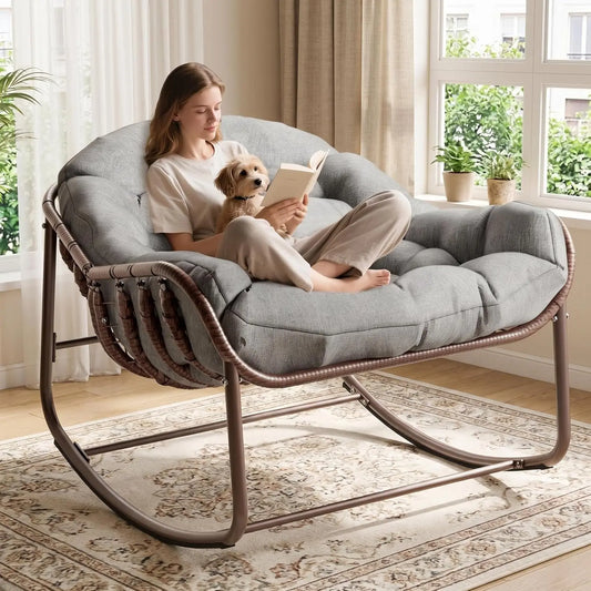 HiMISS Outdoor Papasan Egg Rocking Chair With Cushioned Wicker Lounge