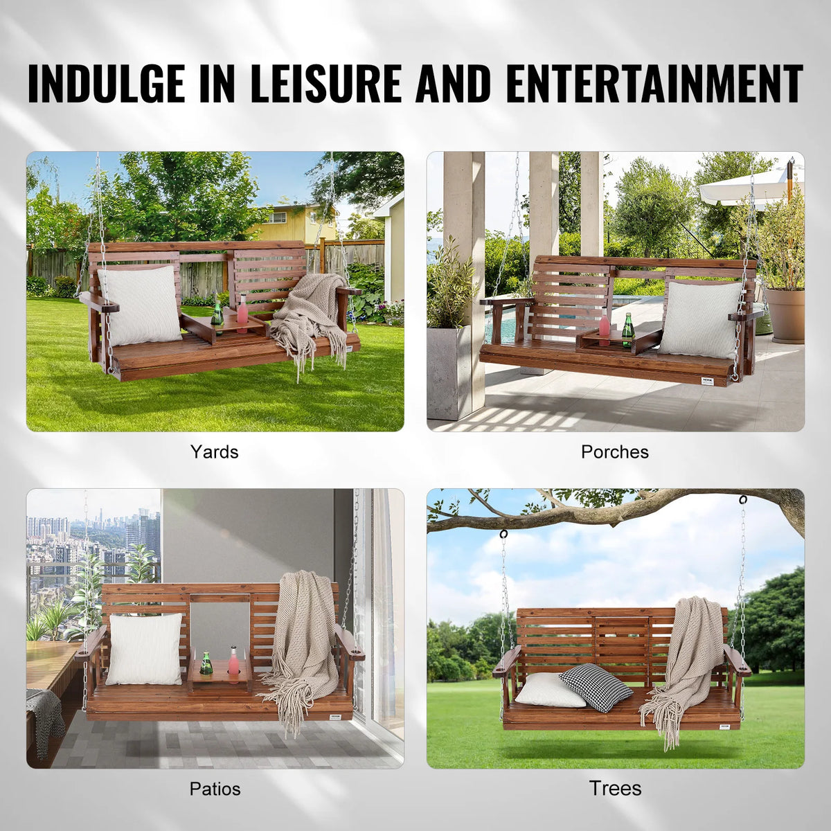 SucceBuy Wooden Porch Swing With Durable Cedar Wood Construction