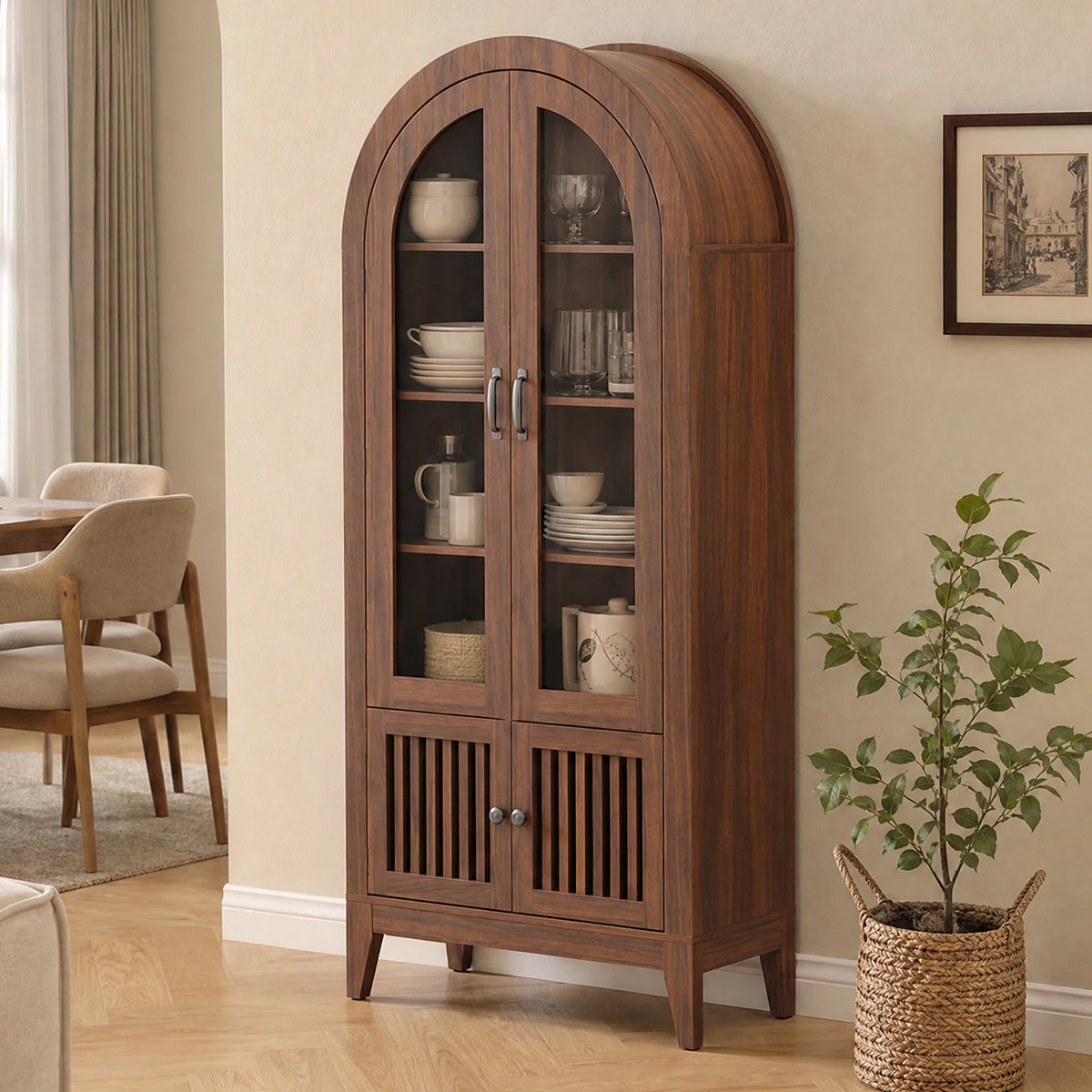 Tcgbkaf Modern Farmhouse Arched Wood Display Cabinet With Glass Doors