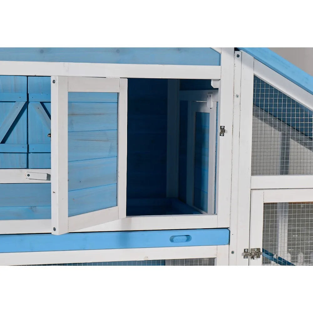 Outdoor Wheeled Double-Decker Rabbit Hutch with Fence Waterproof Solid Wood Pet Cage Mobile Home for Rabbits Chickens & Ducks