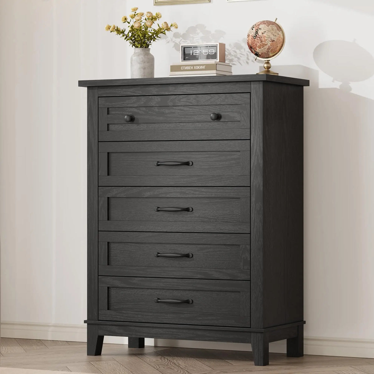 Five Drawer Wooden Dresser With Spacious Bedroom Storage Cabinet