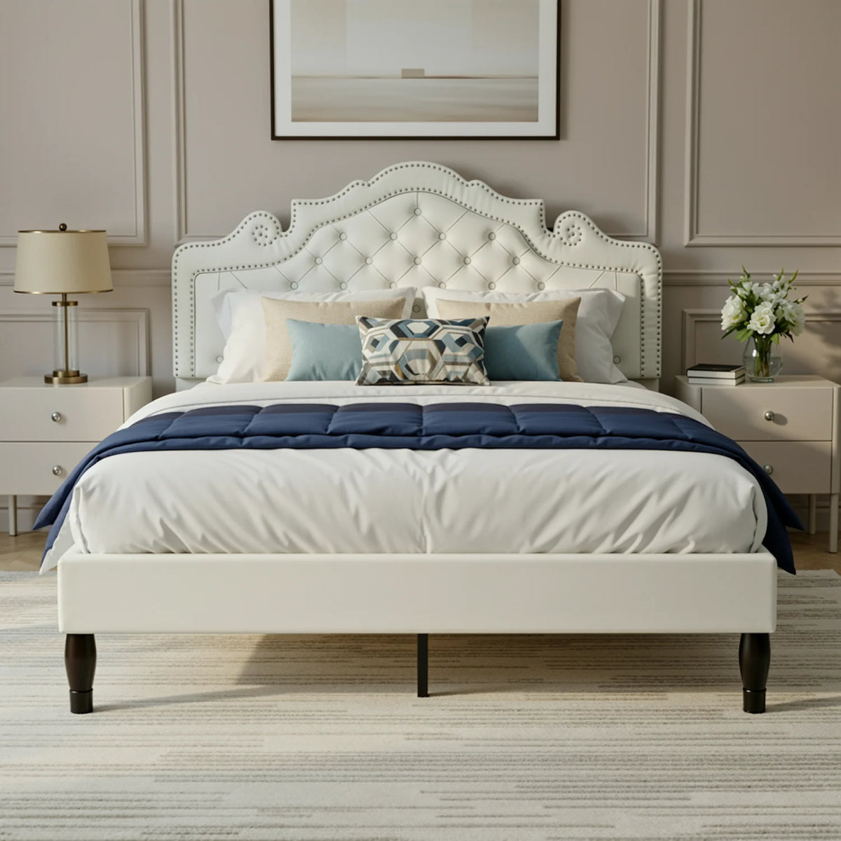 HOOMIC Velvet Upholstered Bed Frame With Diamond Tufted Tiara Headboard