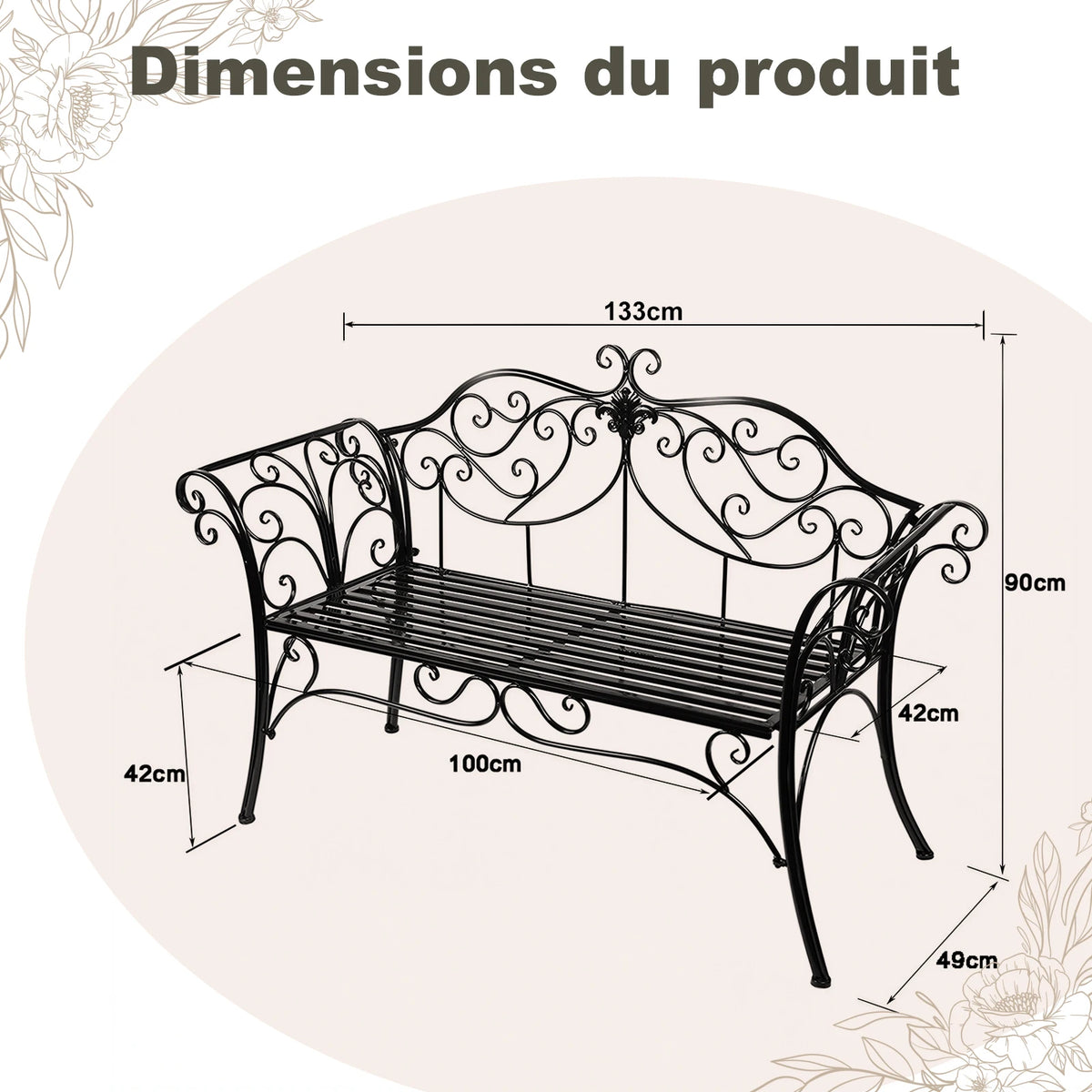Wrought Iron Garden Bench With Decorative Backrest For Outdoor Use