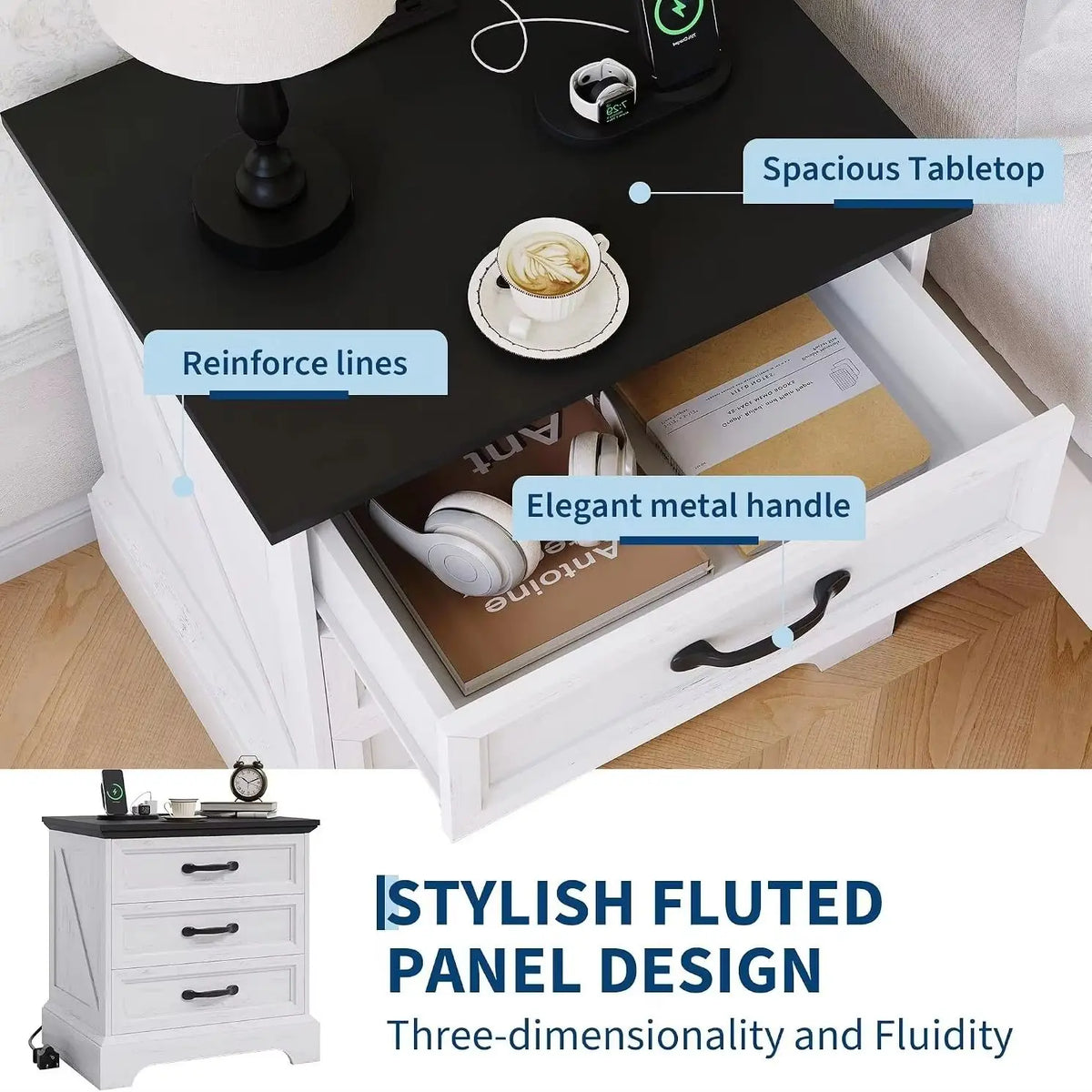 Anixol Farmhouse Nightstand With Three Drawer Charging Station