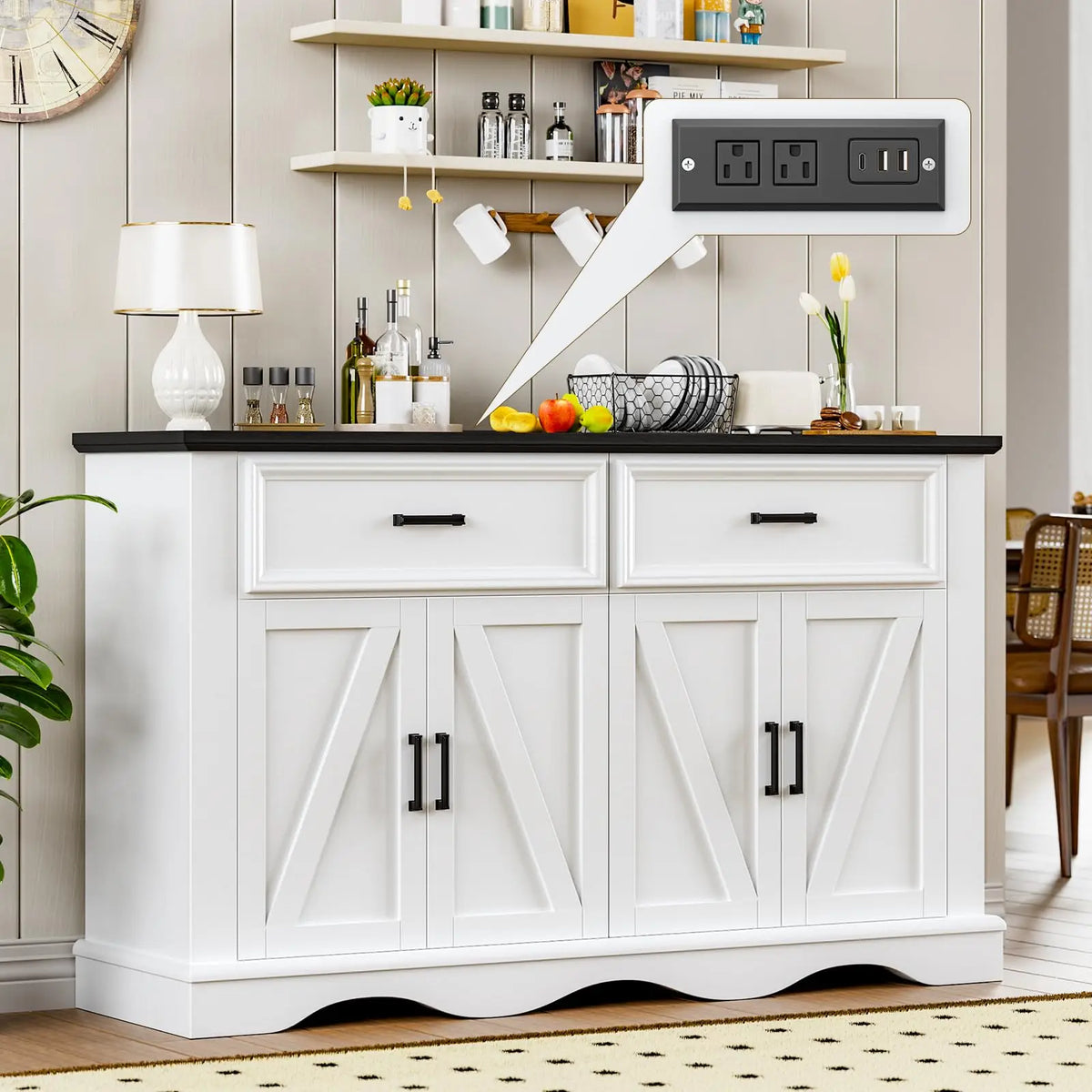Wood Modern Farmhouse Sideboard Buffet Cabinet With Charging Station
