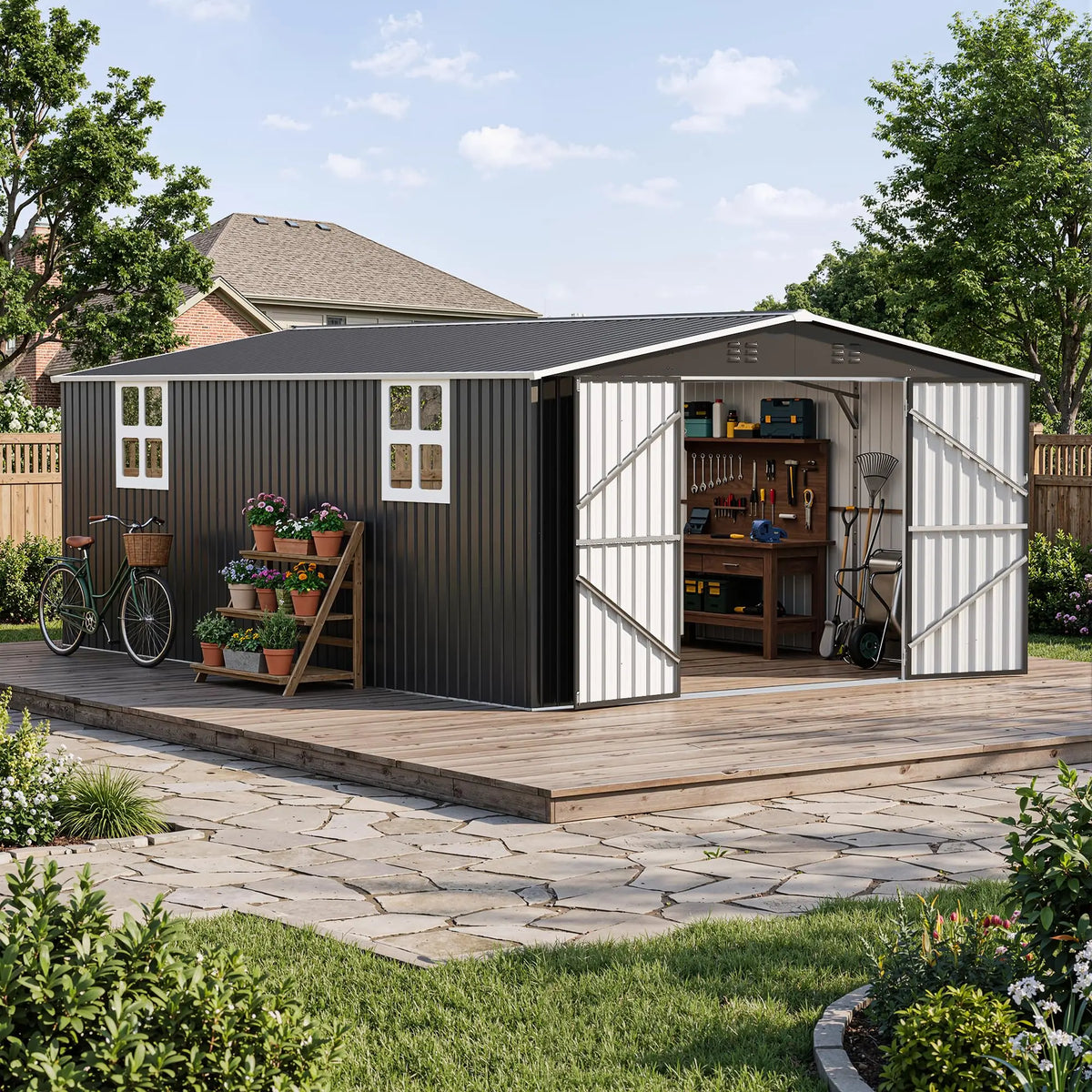 VIWAT Outdoor Metal Storage Shed With Lockable Door And Windows