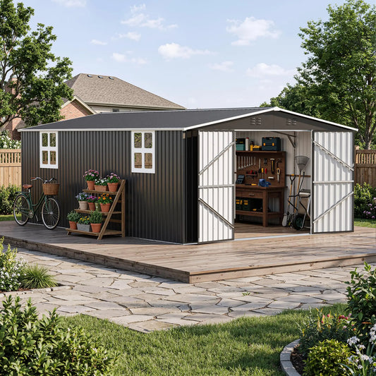 VIWAT Outdoor Metal Storage Shed With Lockable Door And Windows