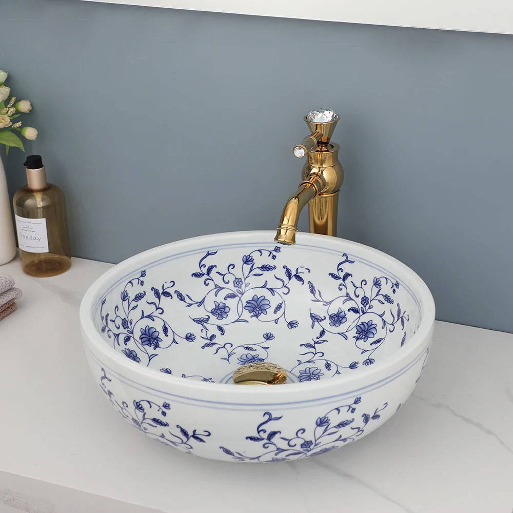 MEKKHALA Hand Painted Ceramic Vessel Sink And Faucet Combo
