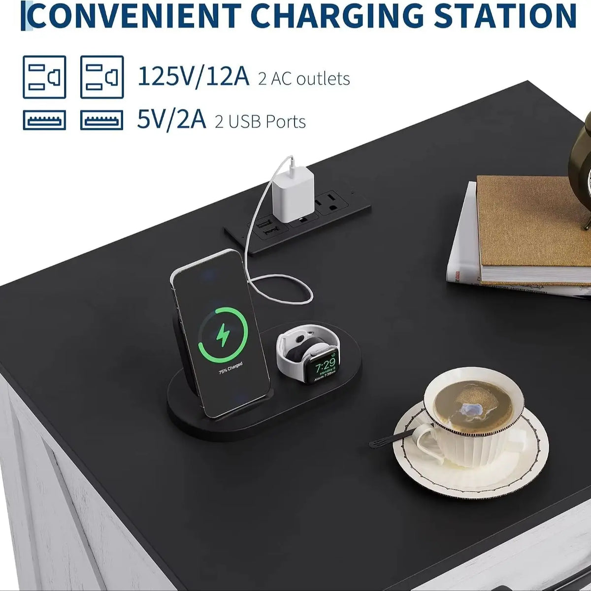 Anixol Farmhouse Nightstand With Three Drawer Charging Station