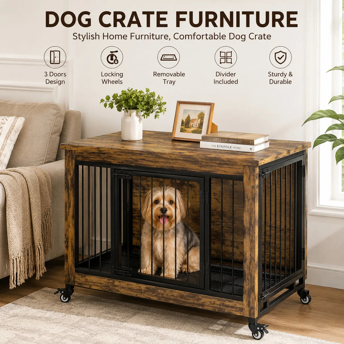 ANIXOL Wooden Dog Crate Furniture With Locking Doors And Wheels