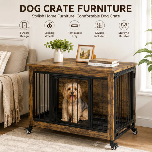 ANIXOL Wooden Dog Crate Furniture With Locking Doors And Wheels