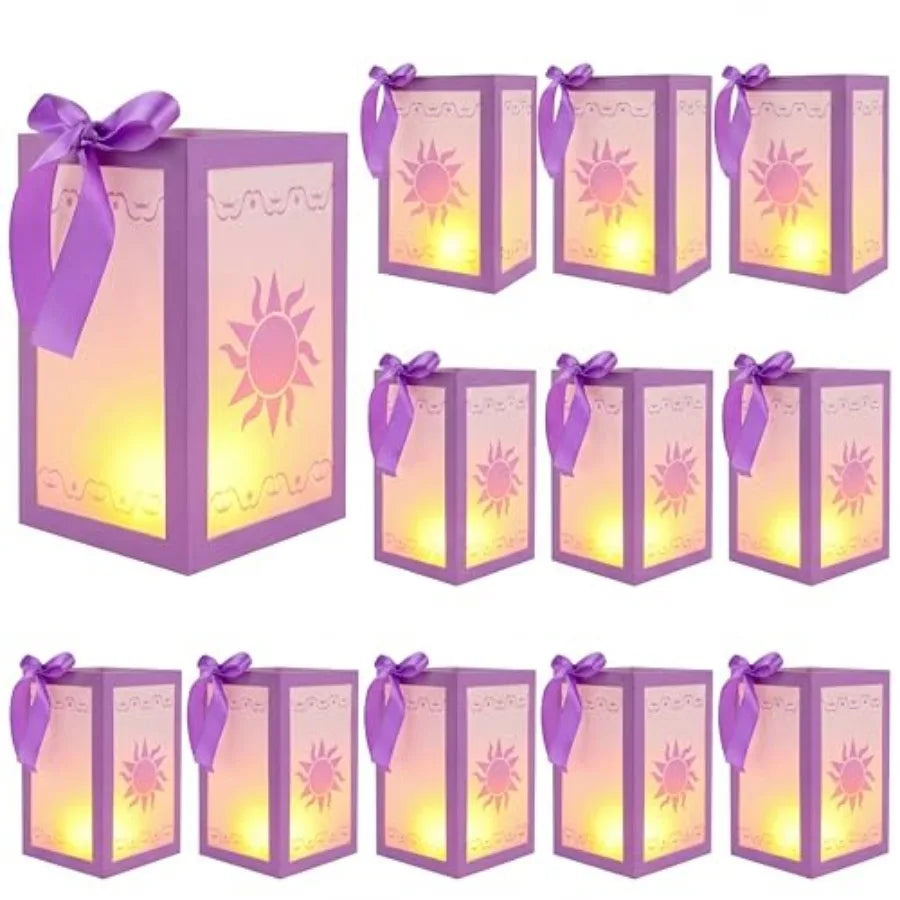 12 Set Sun Paper Lanterns with LED Candles for Centerpieces Princess Birthday Decorations Sun Lantern Decor with Purple Ribbon