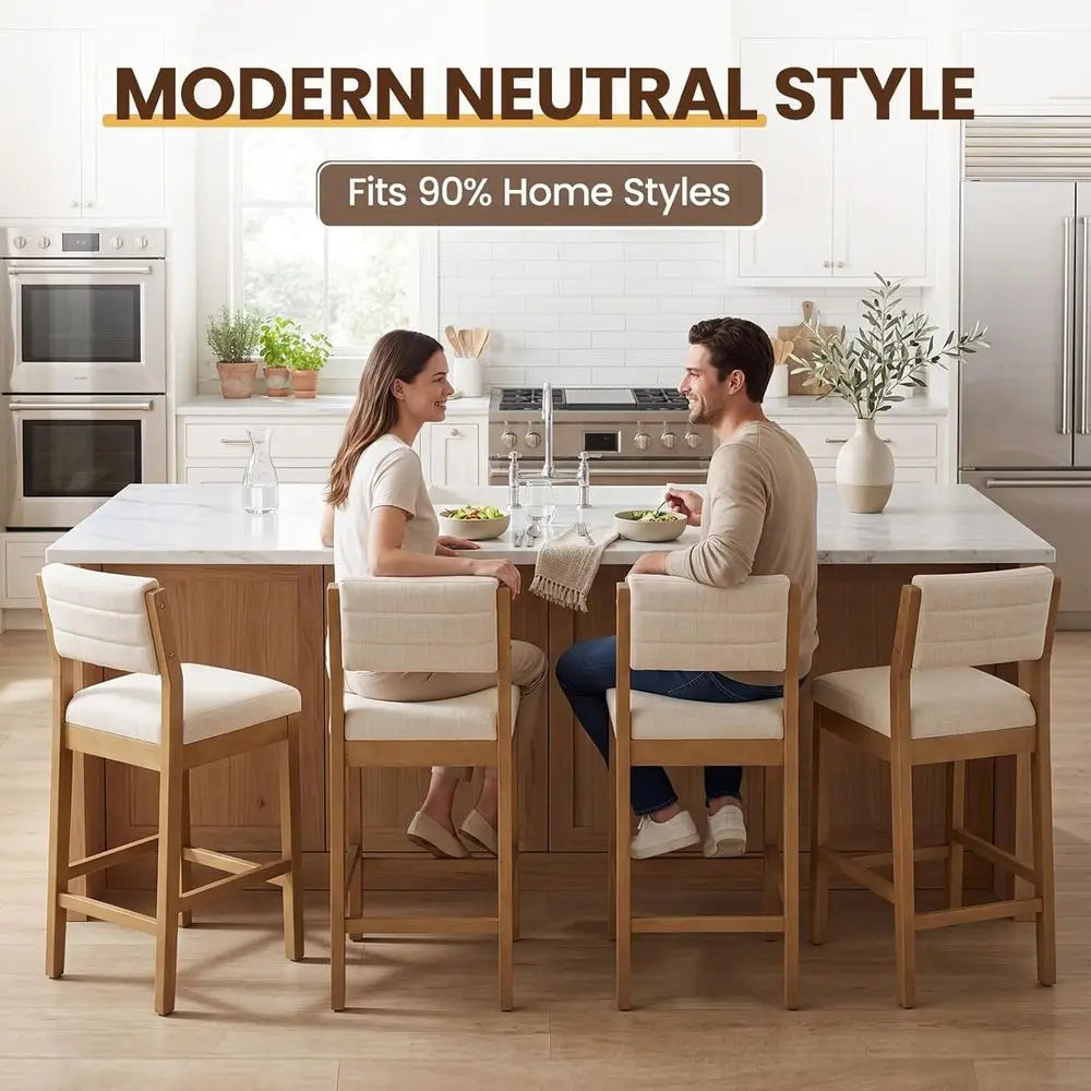 Upholstered Linen Counter Bar Stools With Wooden Legs