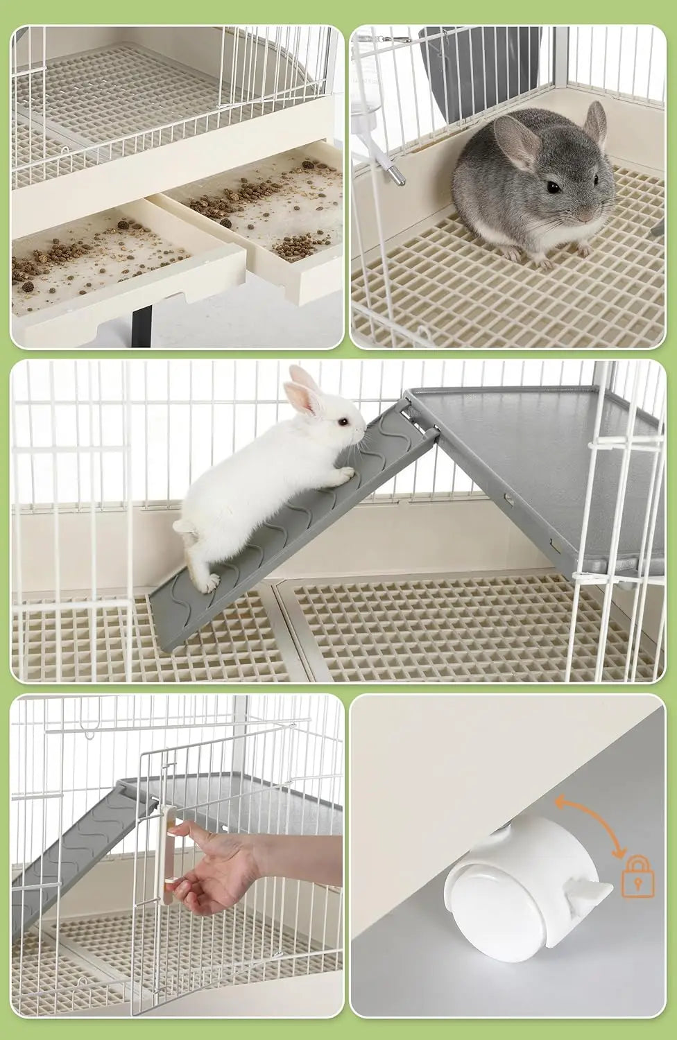 Large Rabbit Hutch, Small Animal Cage with 2 Removable Tray, Ramp, 6 Casters, Water & Hay Feeder, for Rabbit, Hamster, Guin