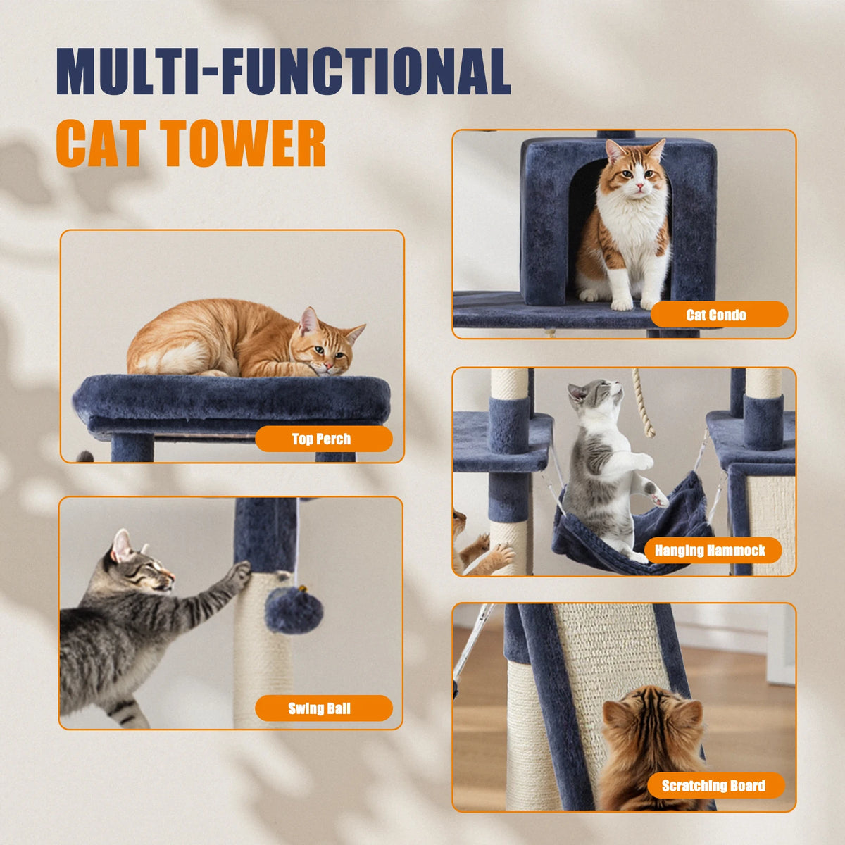 JHK Tall Multi Tier Cat Tree With Sisal Scratching Posts