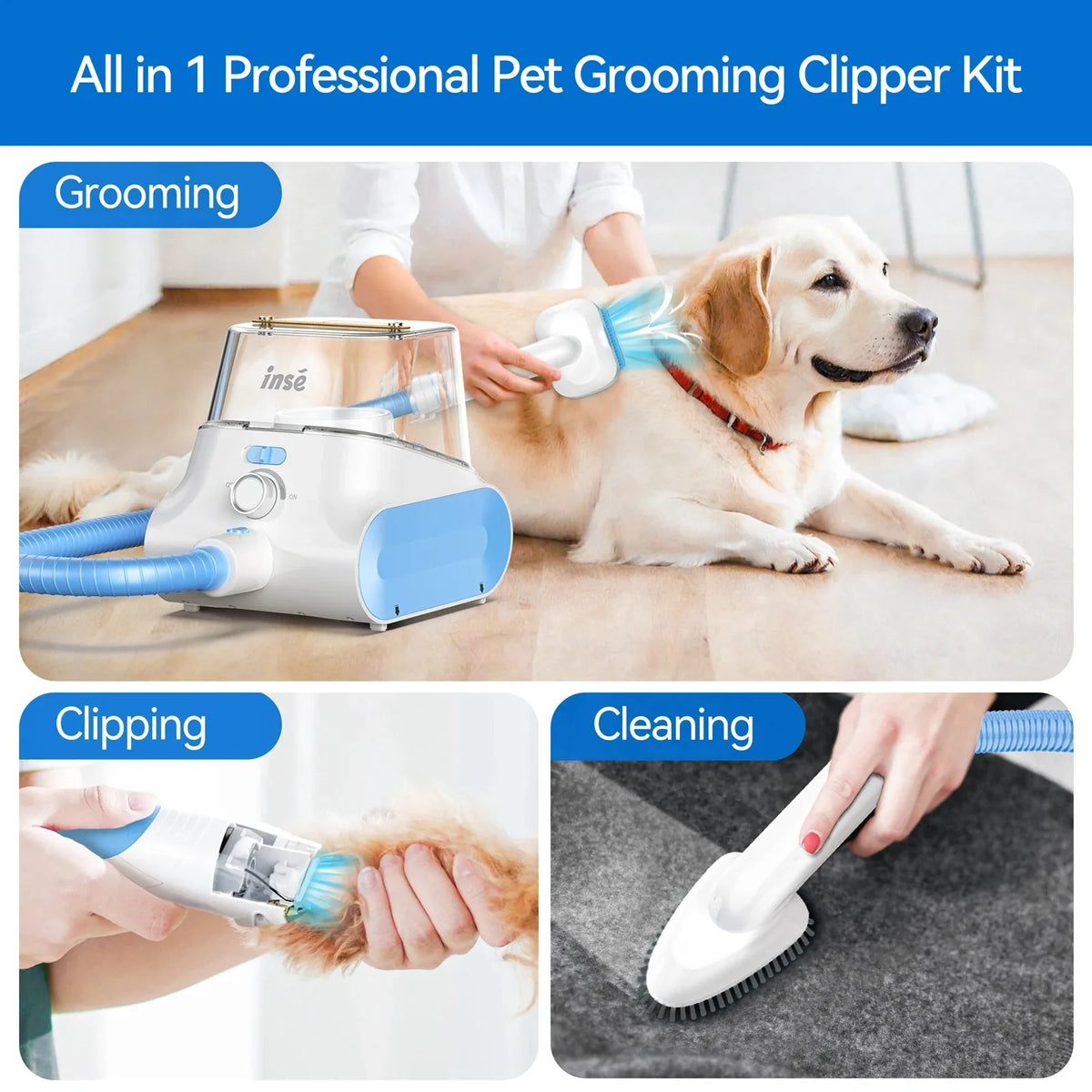 INSE P30 Quiet Pet Grooming Vacuum With Handheld Clipper