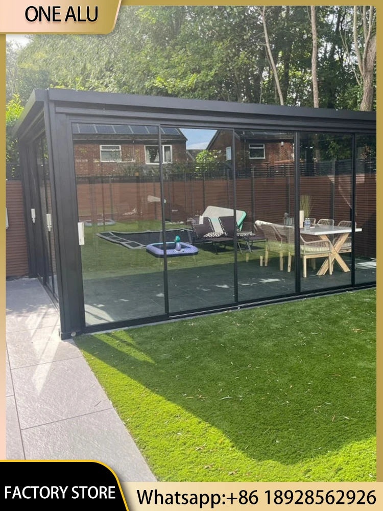 Luxury Aluminum Louvered Gazebo With Glass Enclosure And LED Lights