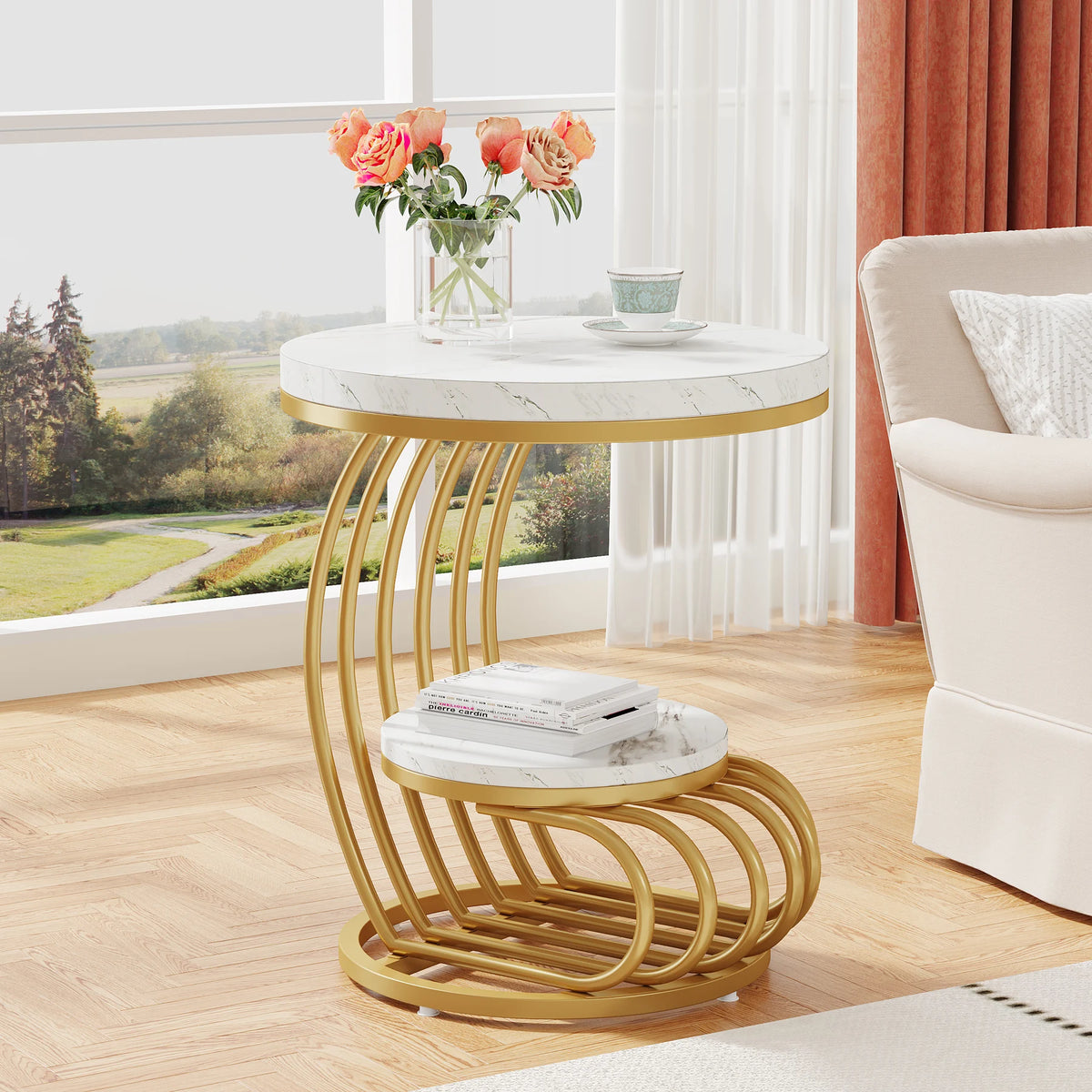 Tribesigns Two Tier Faux Marble End Table With Storage Shelf