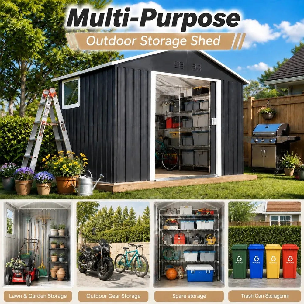 Outdoor Metal Storage Shed With Windows And Lockable Doors