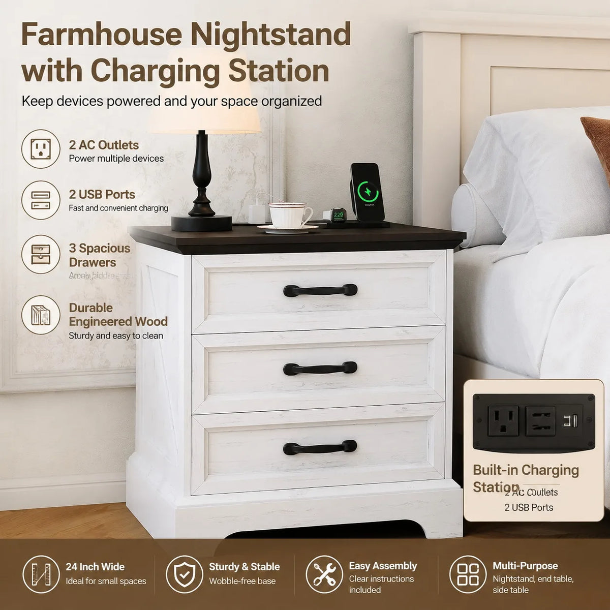Anixol Farmhouse Nightstand With Three Drawer Charging Station