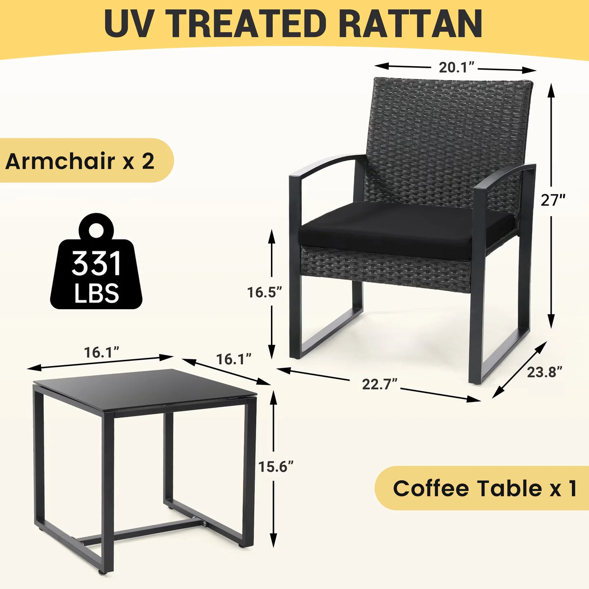 TUAREX Outdoor Wicker Bistro Set With Cushions And Coffee Table