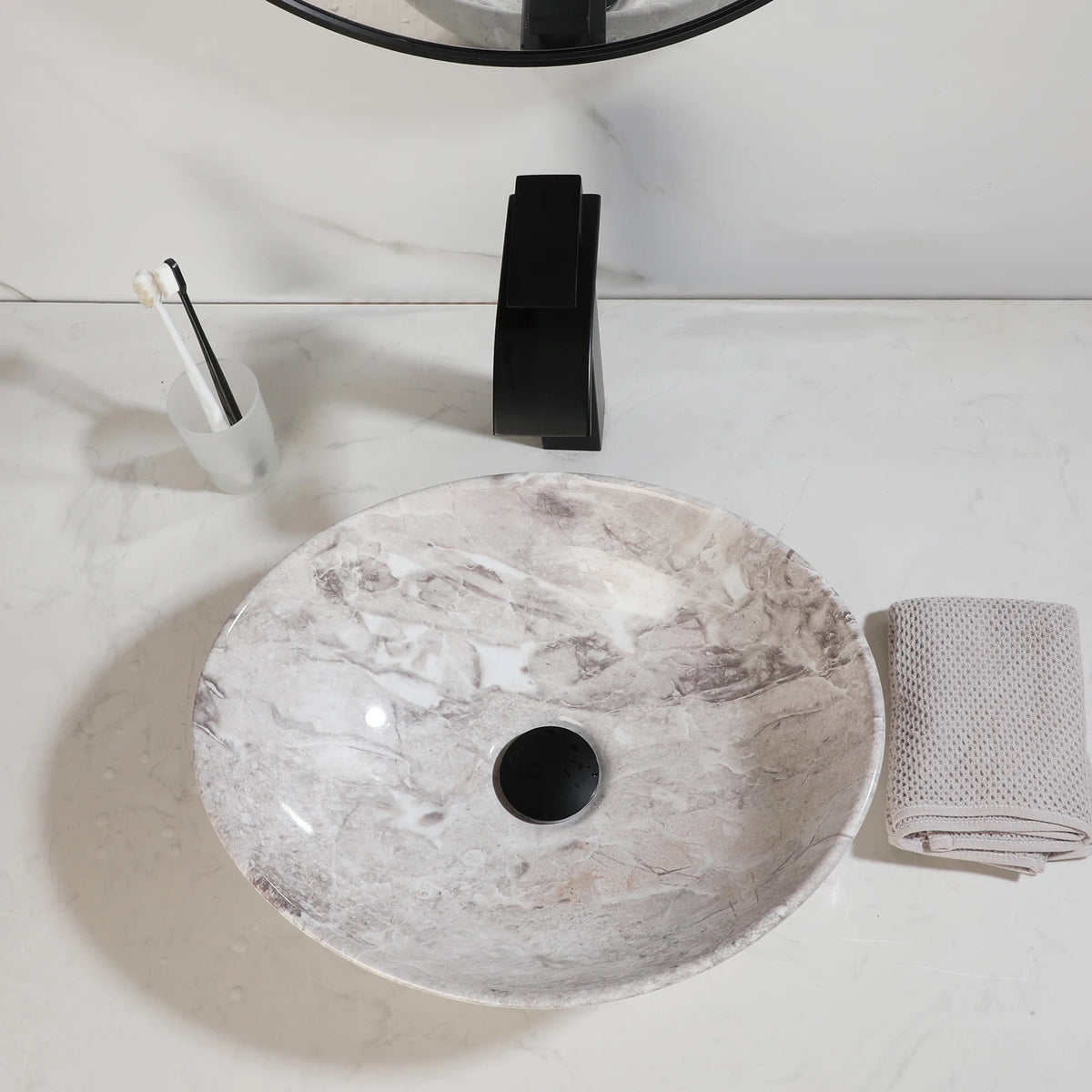 MEKKHALA Oval Ceramic Vessel Sink Set With Waterfall Faucet