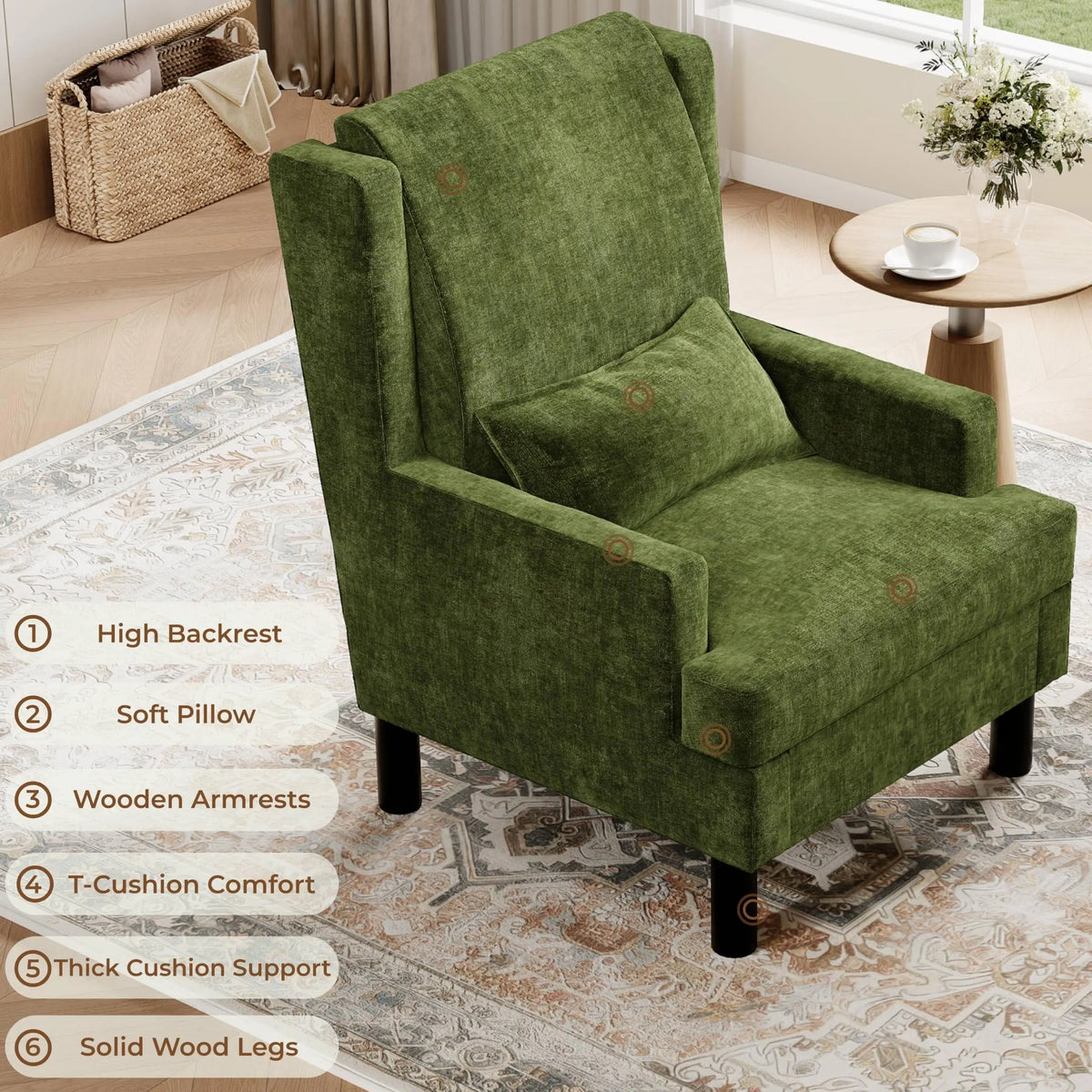 HiMiss Mid Century Modern Wingback Armchair With Lumbar Pillow