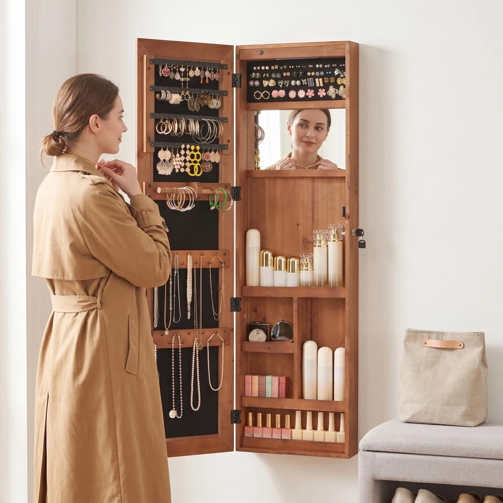 Modern Led Wall Mounted Solid Wood Jewelry Armoire Full Mirror