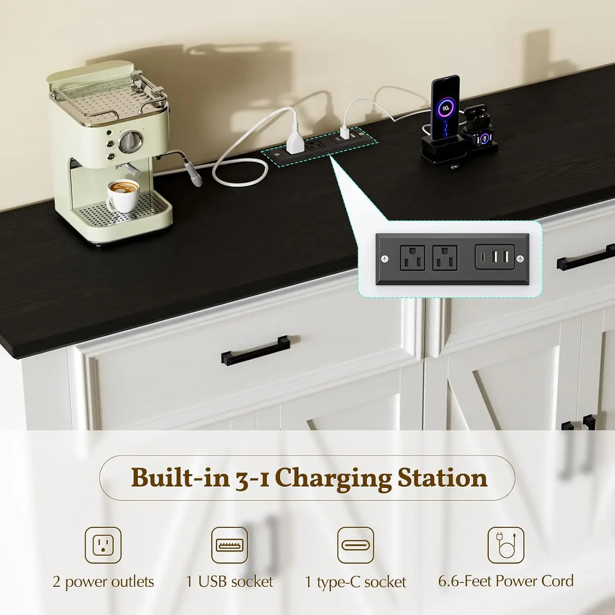 Wood Modern Farmhouse Sideboard Buffet Cabinet With Charging Station