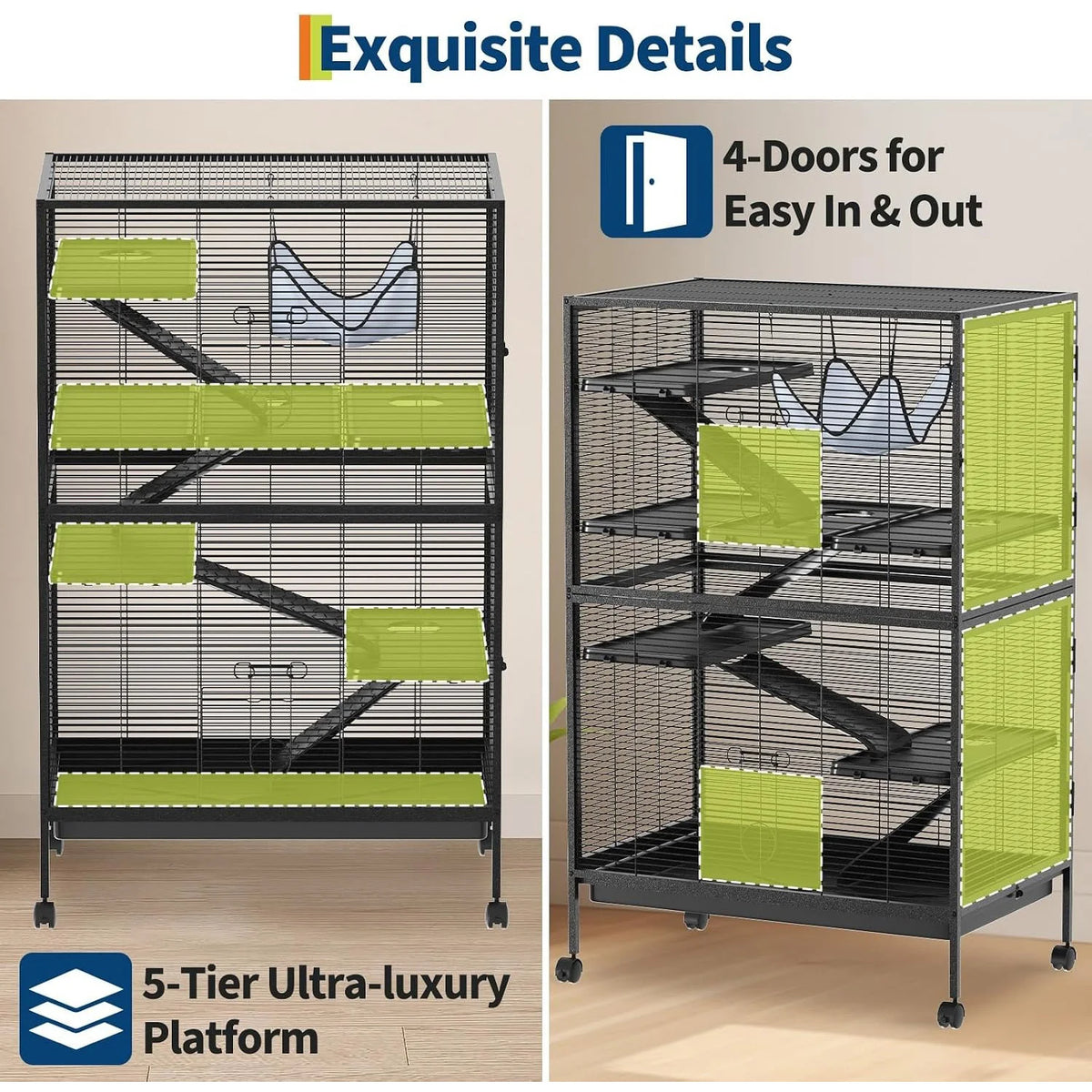 50in Tall Ferret Cage Multi Level Small Animal Habitat with Hammock Removable Platforms Ramp Rolling Wheels Bottom Tray for Sugar Glider Chinchilla Guinea Pig Rabbit and Small Pets