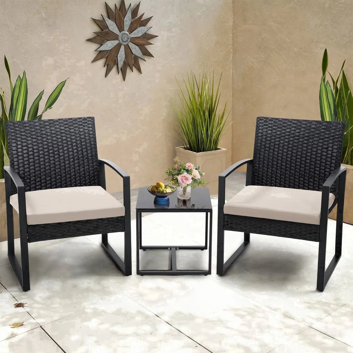 TUAREX Outdoor Wicker Bistro Set With Cushions And Coffee Table