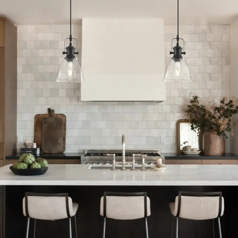 2-Pack Industrial Glass Pendant Light Smoke Gray Glass Shade Black Metal Hanging Lamp E26 Base Adjustable Cord For Kitchen Island Dining Room Farmhouse Ceiling Lighting