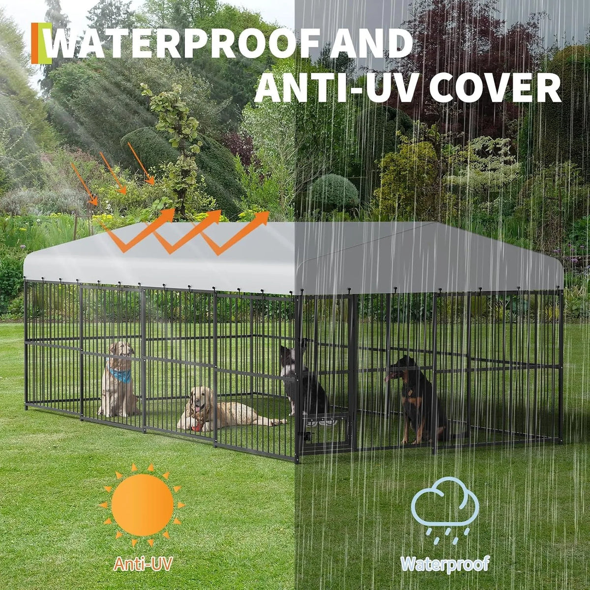 Super Large Outdoor Dog Kennel 20FT Heavy Duty Metal Dog Run Enclosure Walk In Dog Cage with Iron Alloy Frame Secure Gate Feed Access Modular Panels A Frame Top Pet Pen for Dogs Chickens Ducks Geese Backyard Garden Farm