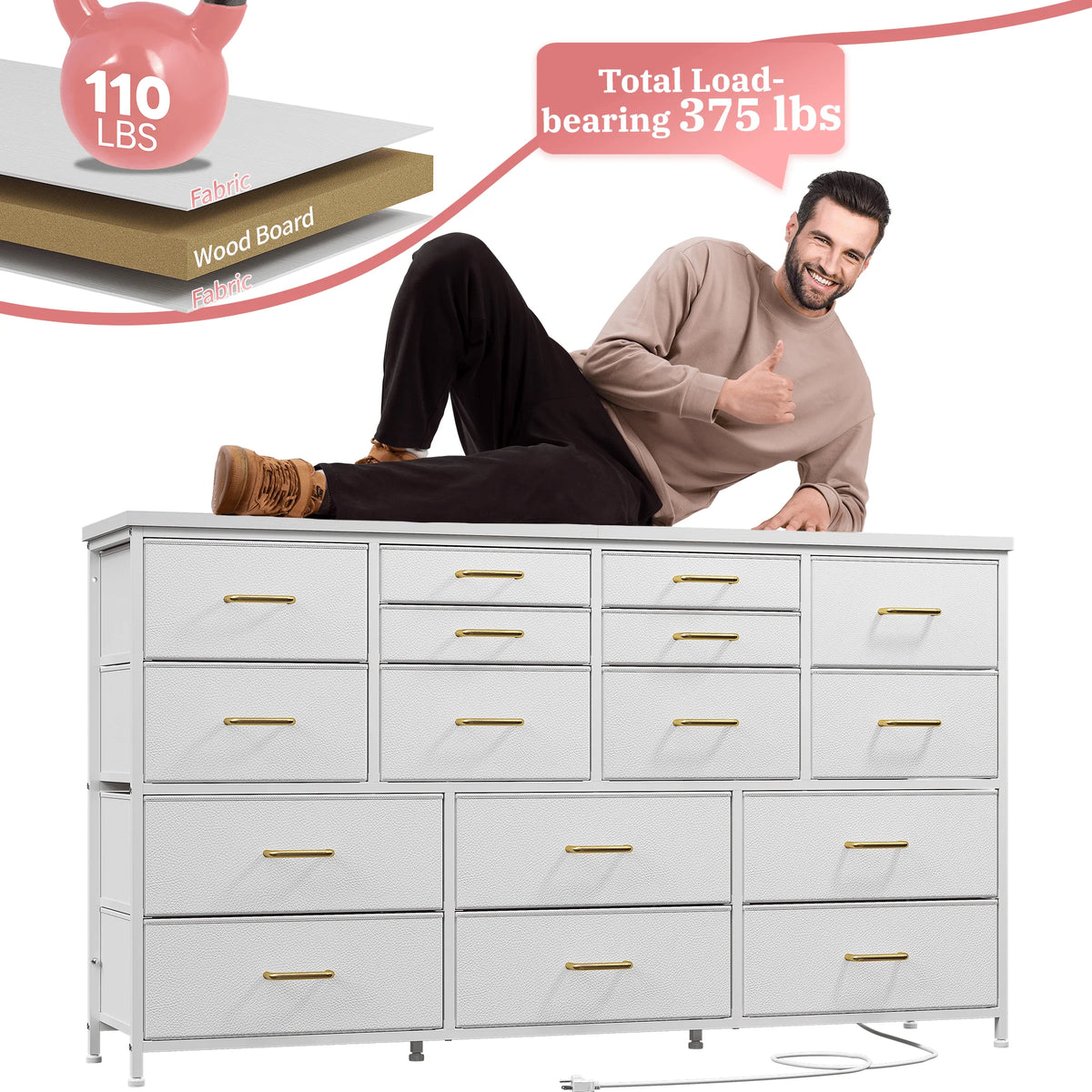 EnHomee 16 Drawer TV Stand Charging Station Long Storage Dresser