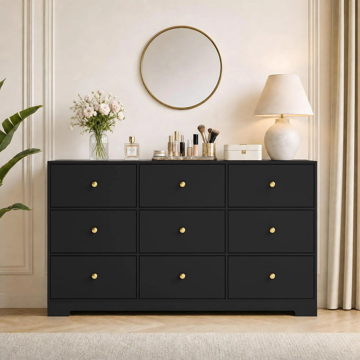 HiMiss Modern 9 Drawer Wood Storage Chest With Gold Handles