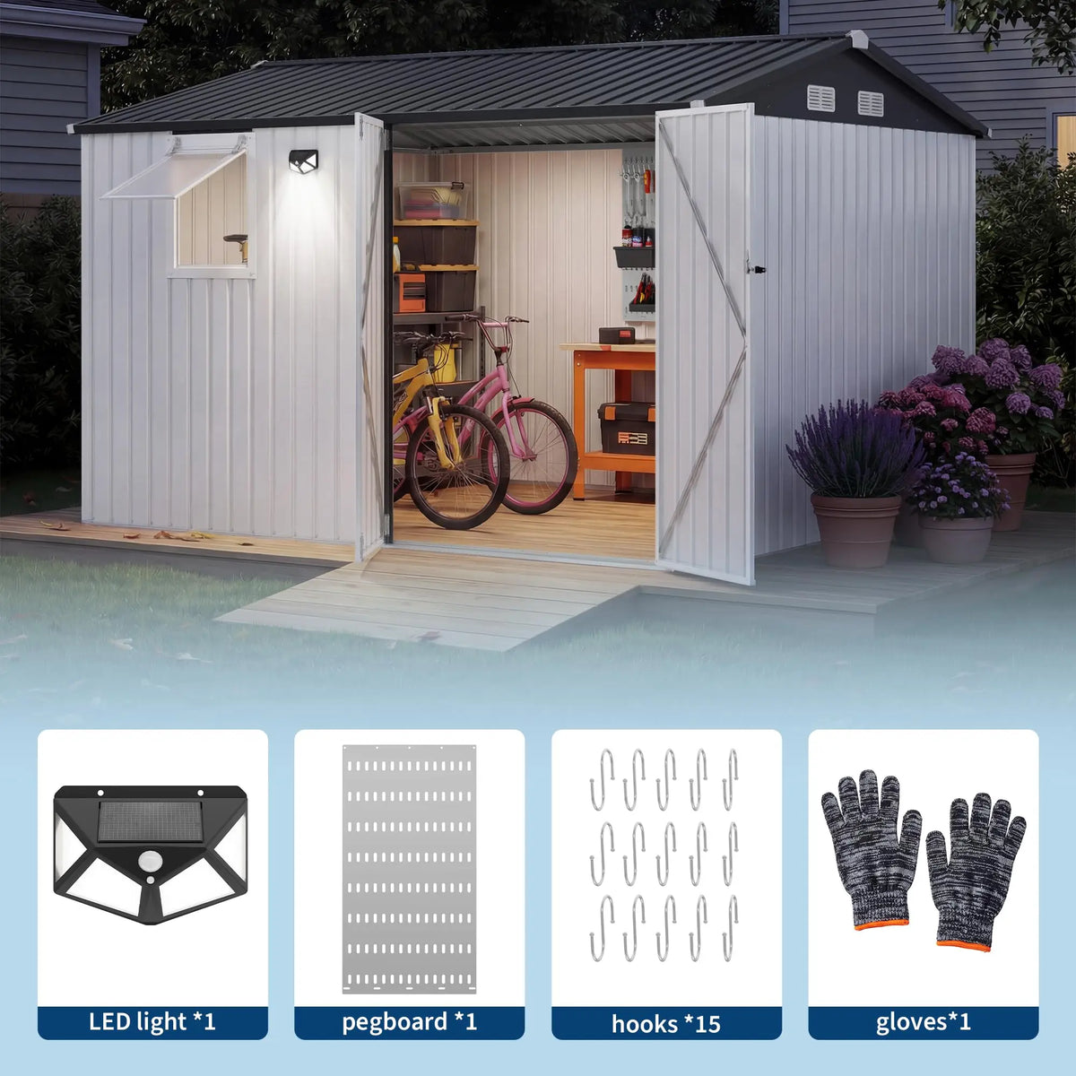 HiMISS Metal Garden Storage Shed With Sloped Roof Lockable Doors