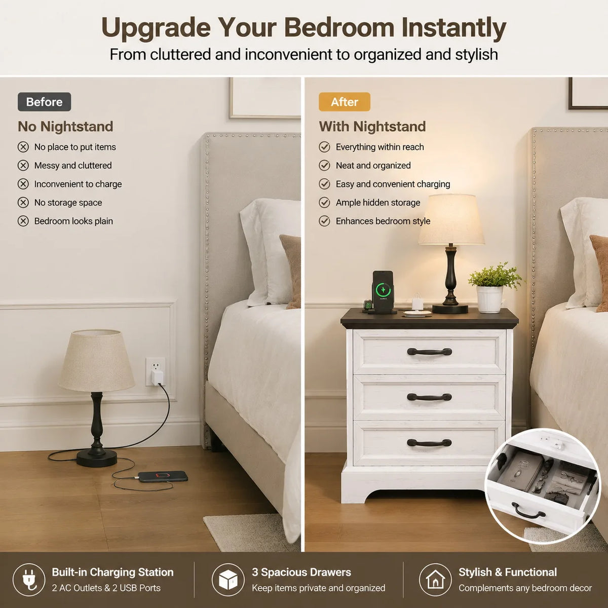Anixol Farmhouse Nightstand With Three Drawer Charging Station