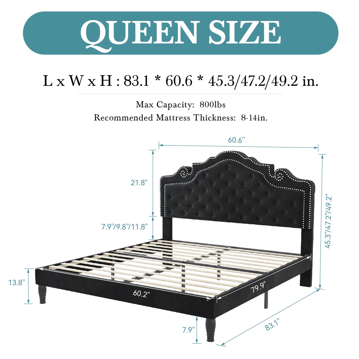 HOOMIC Velvet Upholstered Bed Frame With Diamond Tufted Tiara Headboard