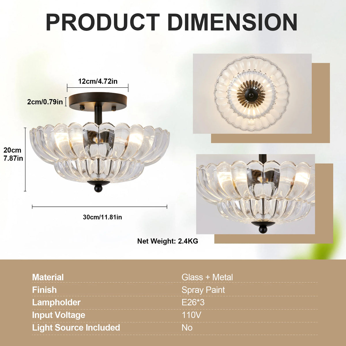 ARLGSITE 11.8" 3-Light Semi Flush Mount Ceiling Light, Clear Patterned Glass, Matte Black Fixture for Kitchen, Bathroom, Bedroom, Hallway, Bulbs Not Included