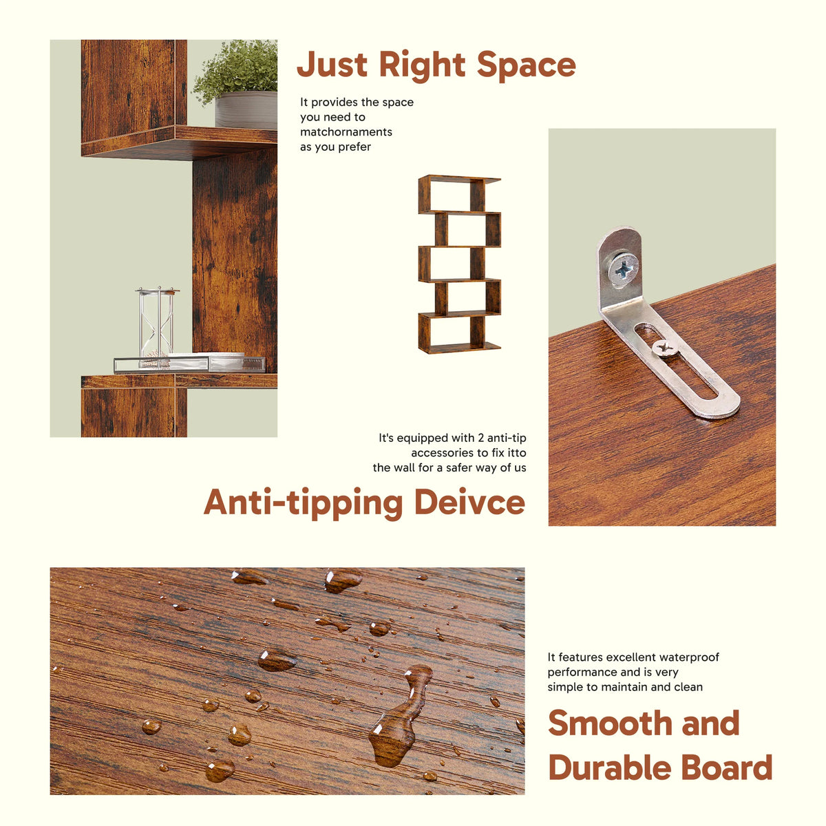 JHK Geometric Wooden Bookcase With Modern Storage Display Shelves