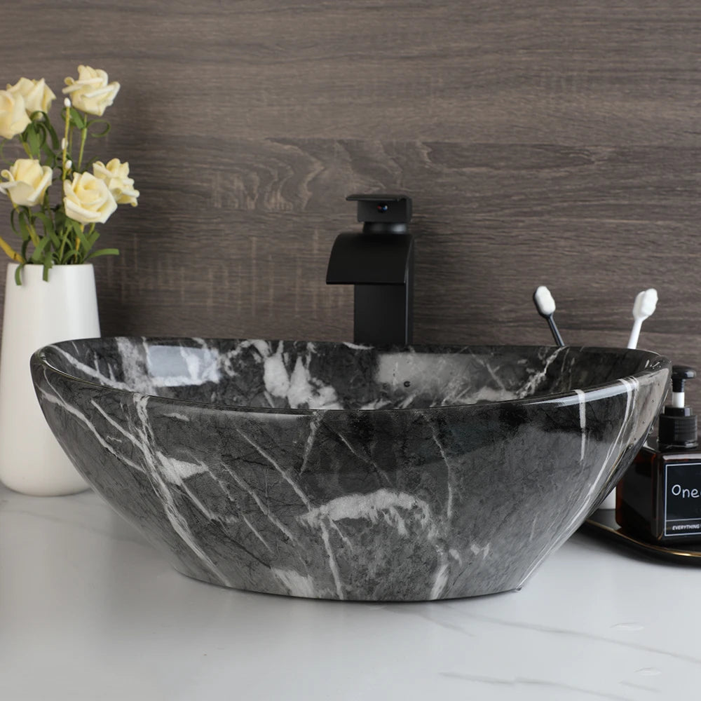 MEKKHALA Ceramic Vessel Sink Set With Waterfall Faucet