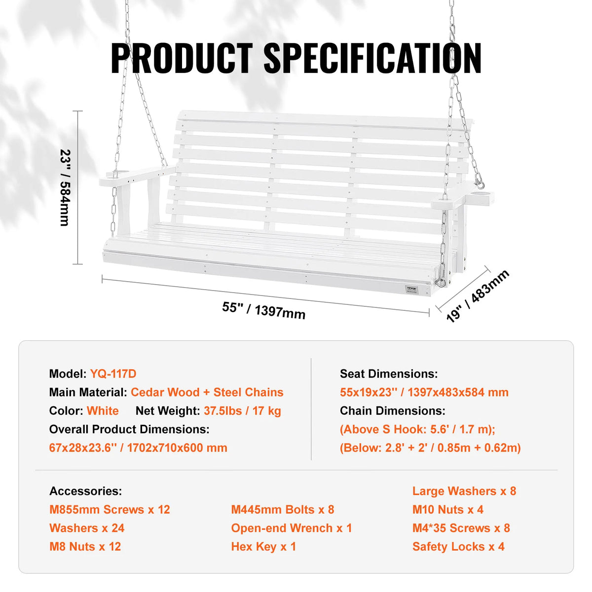 SucceBuy Wooden Porch Swing With Durable Cedar Wood Construction
