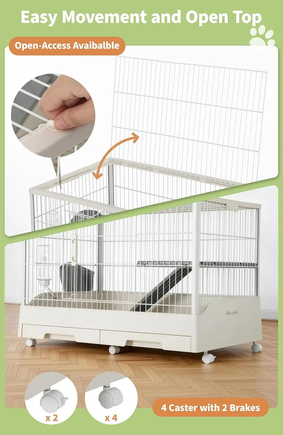 Large Rabbit Hutch, Small Animal Cage with 2 Removable Tray, Ramp, 6 Casters, Water & Hay Feeder, for Rabbit, Hamster, Guin