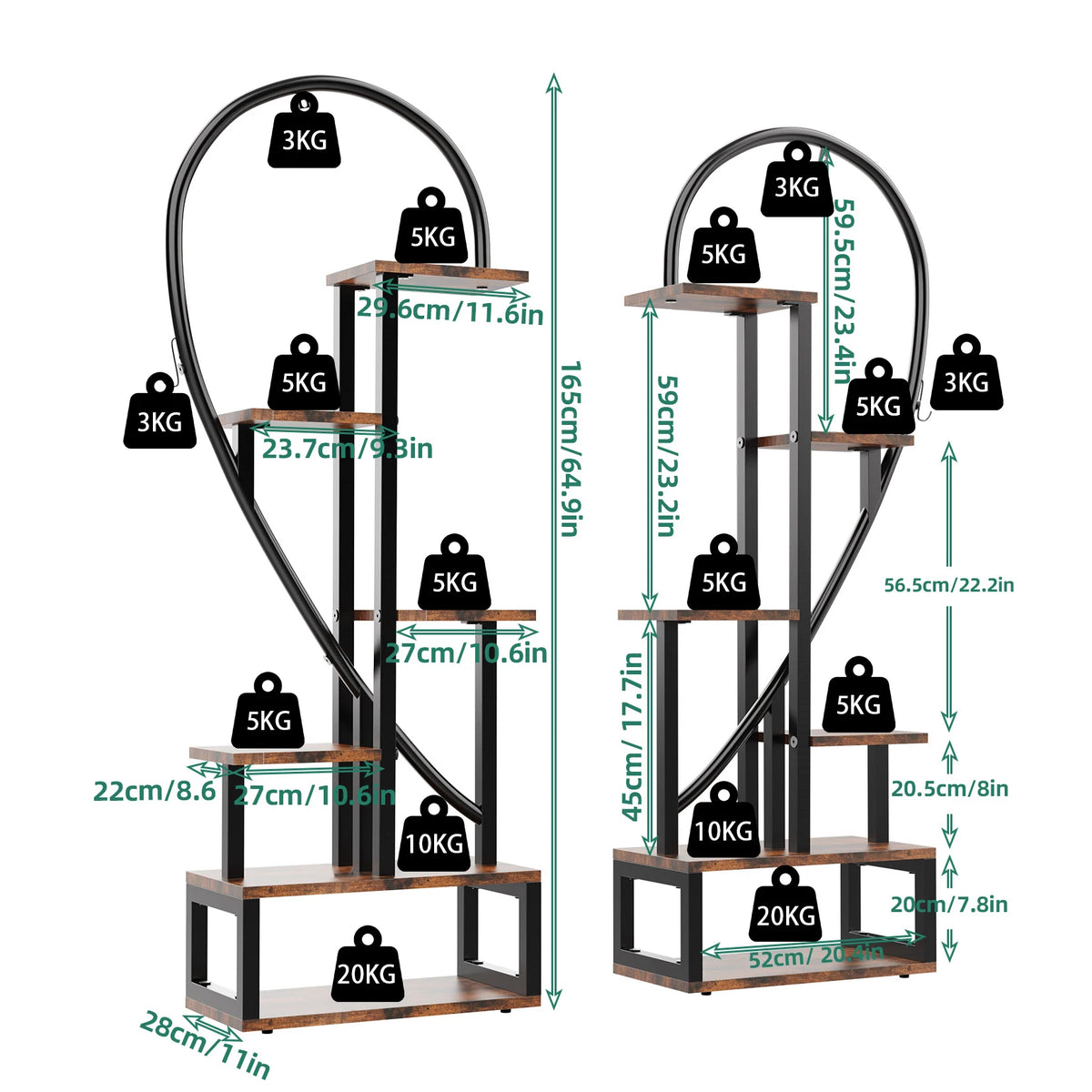 Half Heart Plant Stand With Hooks And Multiple Planter Shelves