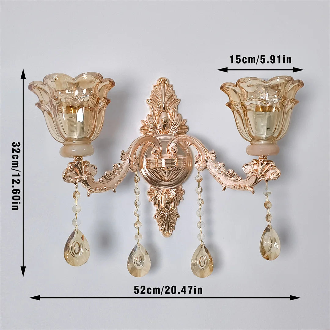 Antique Gold Floral Wall Sconce with Clear Crystals Lampshade Wall Lighting for Entrance Bedroom Hallway Decor