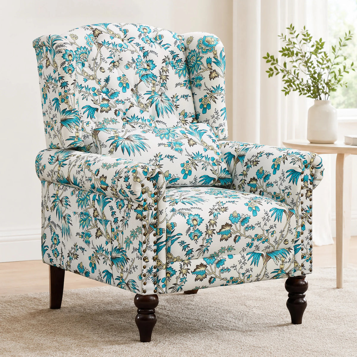TCGBKAF Vintage Floral Fabric Wingback Armchair With Rotating Base