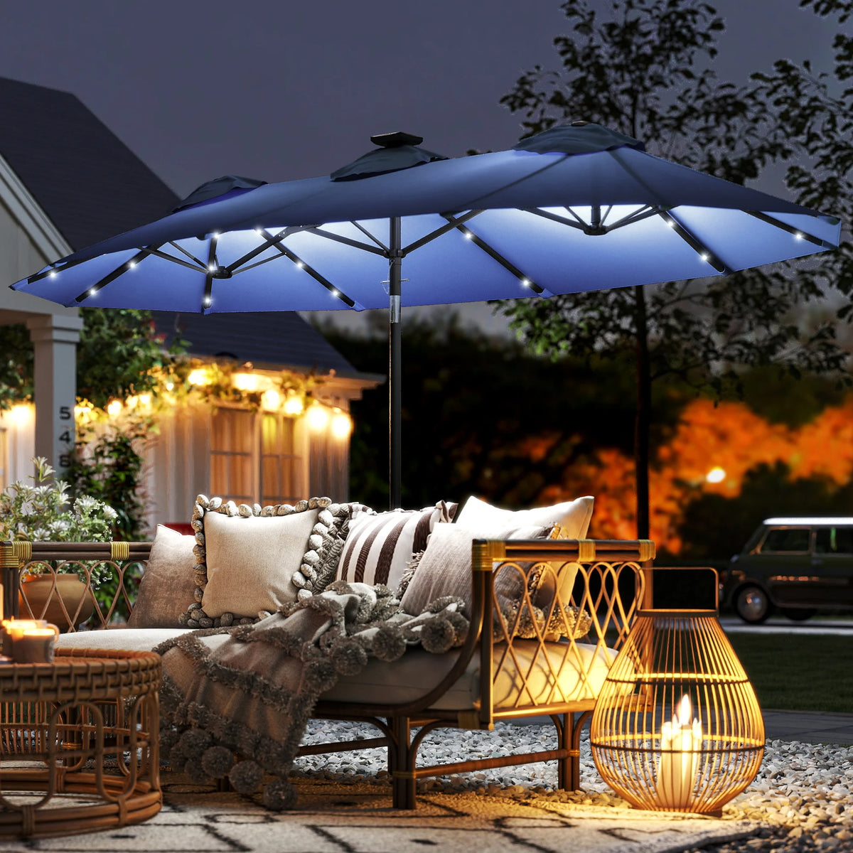Outsunny Double Sided Patio Umbrella With Solar LED Lights And Tilt