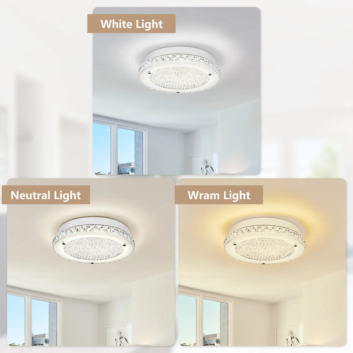 Modern Crystal Ceiling Light 11in Circular LED 18w 3000k/4000k/5000k Living Room Bedroom Study Home Decor Lighting