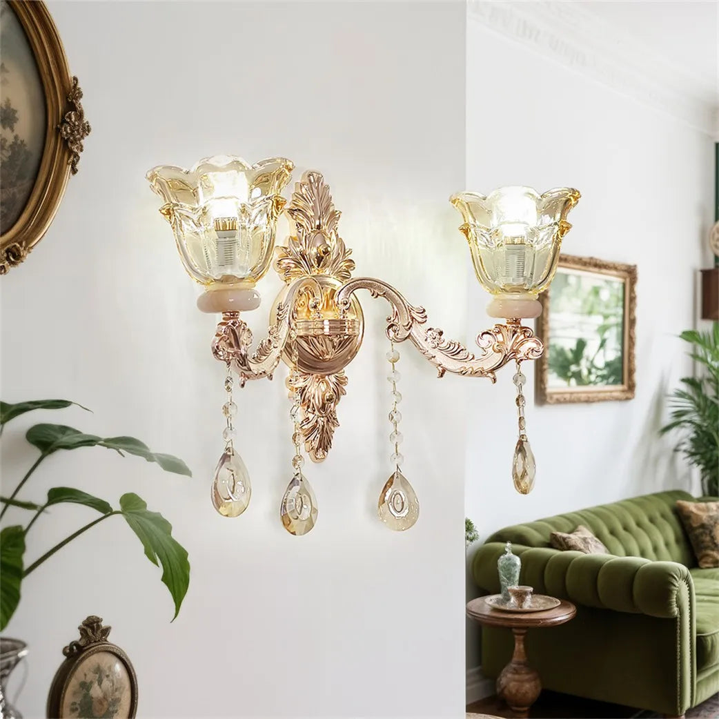 Antique Gold Floral Wall Sconce with Clear Crystals Lampshade Wall Lighting for Entrance Bedroom Hallway Decor
