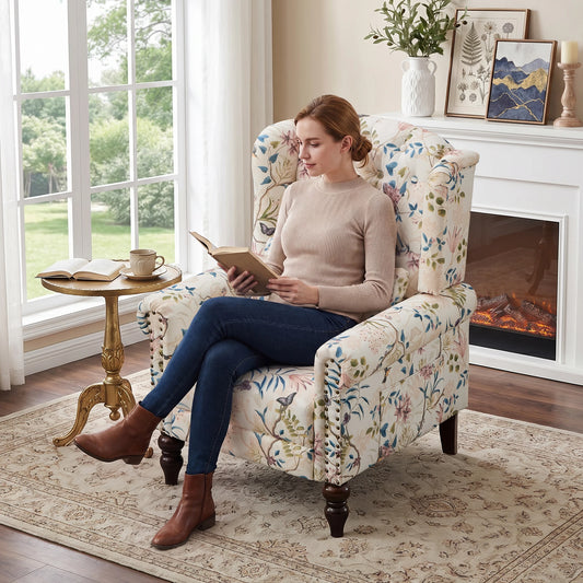 TCGBKAF Vintage Floral Fabric Wingback Armchair With Rotating Base
